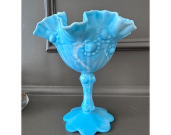 Compota de cristal azul esmaltado Fenton con forma de rosa repollo y pedestal con volantes, estilo vintage.