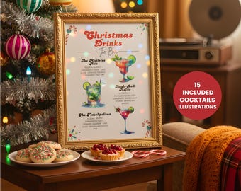 Retro Christmas Signature Drinks Sign, Editable Holiday Bar Menu, 70s Groovy Xmas Cocktails, Digital Download, Canva