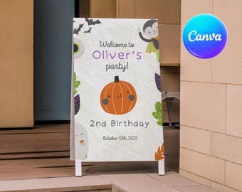 Editable Halloween welcome sign Canva template cute pumpkin ghost bright colors kids birthday printable digital download