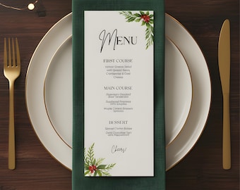 Elegant Christmas Menu Template, Luxury Holiday Dinner Menu Card, Gold Minimalist Place Setting, Editable 4x9 Printable, Rack Card