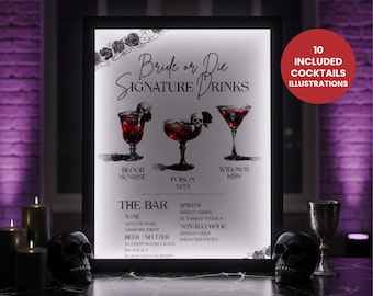 Bride or Die Bachelorette Signature Drinks Sign, Moody Bar Menu Template, Editable Gothic Cocktail Sign, Til Death Do Us Party
