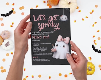 Let's Get Spooky Girl Halloween Birthday Invitation Editable Cute Costume Party Invite Printable Digital Instant Download Canva Template