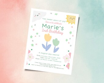 Editable 2nd Birthday Invitation Canva Template Floral Pastel Girl Birthday Printable Sunshine Cloud Party Decor Instant Download