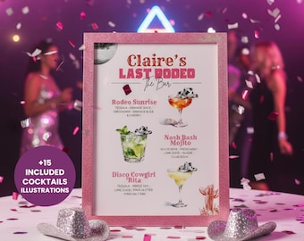 Last Rodeo Bachelorette Signature Drinks Sign, Disco Cowgirl Bar Menu Template, Editable Nash Bash Cocktail Sign, Let's Go Girls