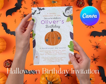 Editable Halloween birthday invitation Canva template cute pumpkin ghost bright colors spooky kids party printable digital download
