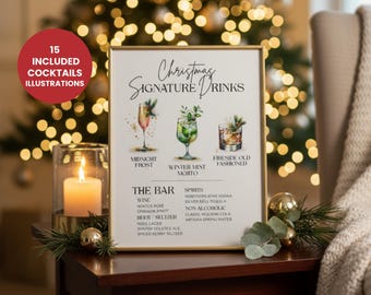 Elegant Christmas Signature Drinks Sign, Holiday Bar Menu Template, Minimalist Xmas Cocktails, Editable Greenery Bar Sign