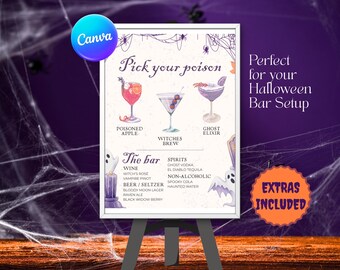 Halloween Cocktail Menu Cocktail Sign Halloween Drink Menu Halloween Pick your Poisons Halloween Sign Canva Template Instant Download