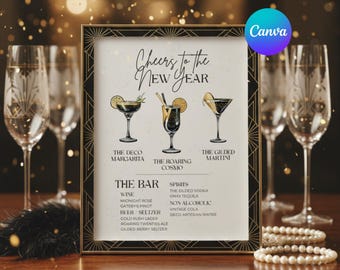 Art Deco New Years Eve Signature Drinks Sign, Great Gatsby NYE Bar Menu Template, Editable 1920s Cocktail Sign, Canva
