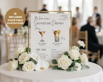 Minimalist Wedding Signature Drinks Sign, Modern Bar Menu Template, Editable His and Hers Cocktail Sign, Simple Calligraphy
