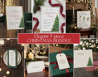 Elegant Christmas Party Bundle Template, Luxury Holiday Decor Kit, Minimalist Christmas, Editable 7-PC Mega Bundle, Printable