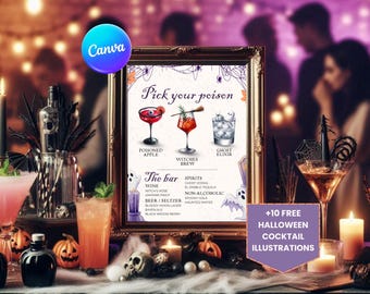 Halloween Cocktail Menu Cocktail Sign Halloween Drink Menu Halloween Pick your Poisons Halloween Sign Canva Template Instant Download