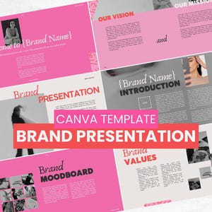 Puede incluir: Una plantilla de Canva rosa y blanca para una presentación de marca. El diseño incluye texto como "Brand Name", "Our Vision" y "Brand Presentation". La plantilla presenta imágenes y un mood board.