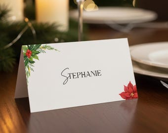 Elegant Christmas Place Card Template, Luxury Holiday Table Decor, Gold Minimalist Tent Card, Editable Name Card, Printable