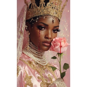 May include: A digital art print featuring a person adorned with a gold crown and a pink gown, holding a pink rose. A tear of blood streaks down their face. The background is a soft pink with glitter.