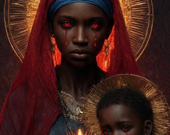 Erzulie Dantò Kriegergöttin | Haitanische Vodou Pop Art | Blauer und roter strukturierter Schimmer-Druck