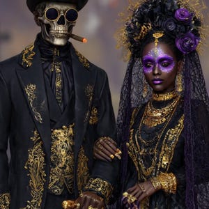 May include: A couple in elaborate black and gold attire, with skeleton faces. The man wears a top hat and a suit with gold floral designs, holding a cane. The woman has purple face paint, a black veil, and gold jewelry. The theme is gothic and elegant.