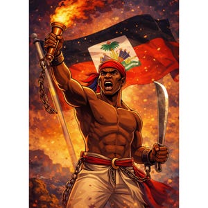 May include: Illustration of a muscular person holding a flaming torch and a machete, with the Haitian flag waving in the background. The person wears a red headband and sash, with chains on their wrists. The background is a fiery, dramatic scene.