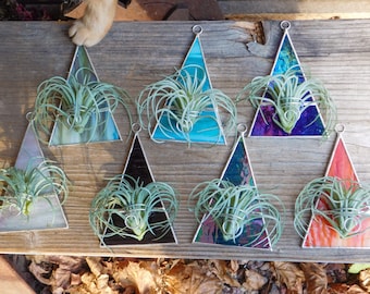 Lead Free Air Plant Holder Triangle Geometric Planter Wall Art Stained Glass Suncatcher Hanging