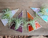 Air Plant Holder Triangle Geometric Planter Wall Art Stained Glass Suncatcher Hanging in Burnt Orange, Purple, Iridescent White or Blue