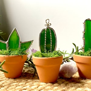 Set of Three Mini Green Stained Glass Cactus Succulents in Terra Cotta Pots Lead Free