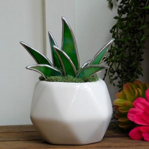 Stained Glass Aloe Succulent in White Geometric Planter Pot Lead Free