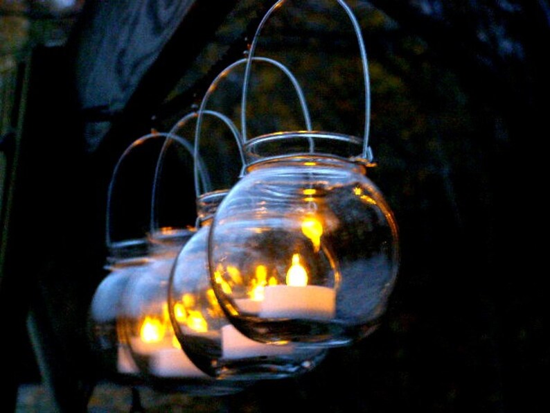 Four Clear Glass Globe Candle Holder Lanterns Hanging Vase Etsy