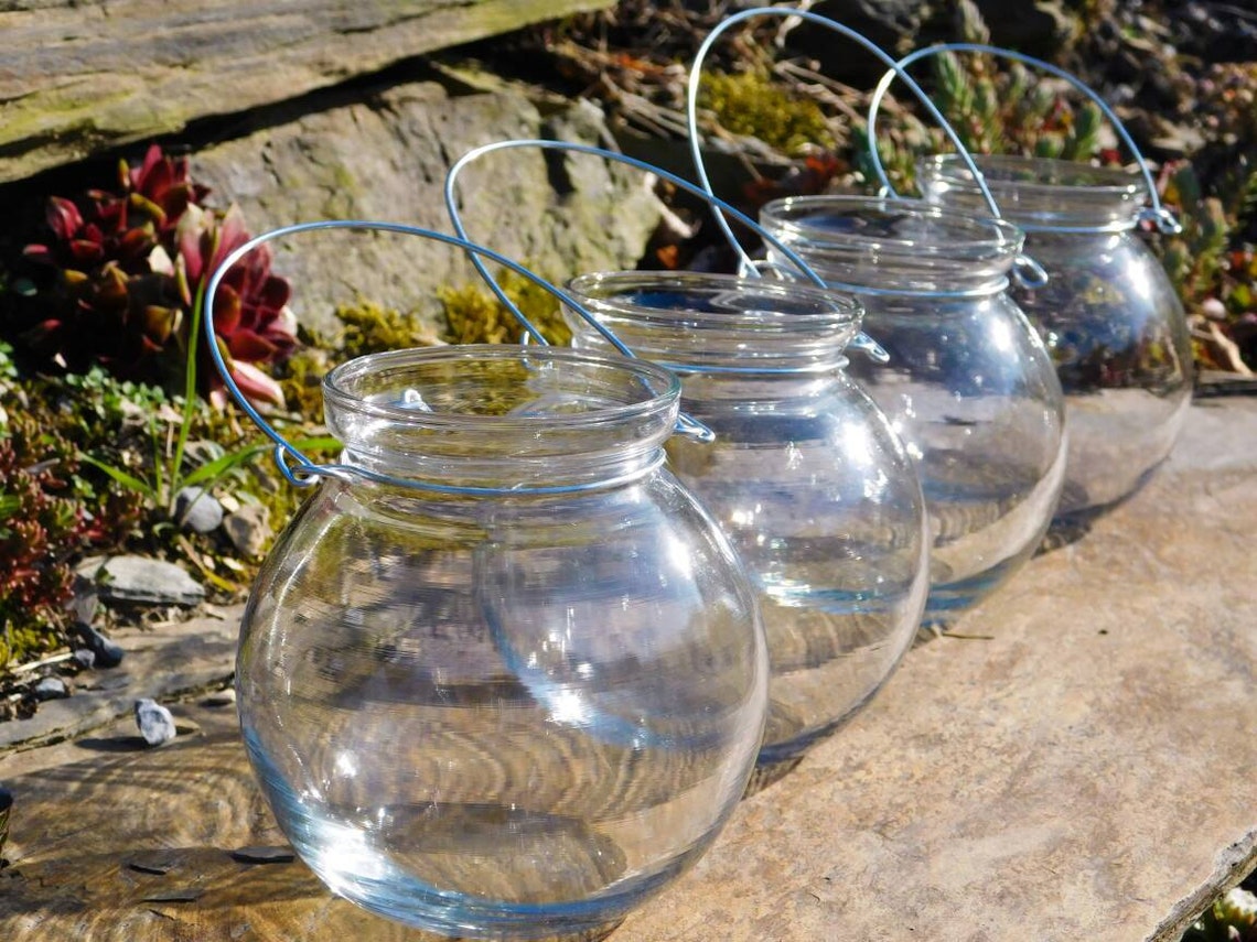 Four Clear Glass Globe Candle Holder Lanterns Hanging Vase Etsy