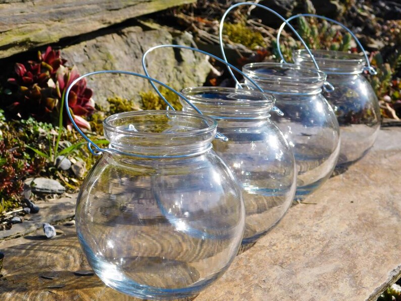 Four Clear Glass Globe Candle Holder Lanterns Hanging Vase Etsy