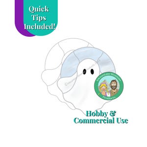 Op de afbeelding: Een zwart-wit glas-in-loodpatroon van een geest met een blauwe halo. Het patroon bevat de tekst "Mountain Woman Products 2/24" en "Hobby & Commercial Use".