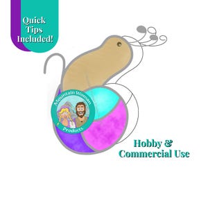 May include: A whimsical illustration featuring a stylized snail with a tan body and a colorful shell. The shell is divided into sections of teal, purple, and pink. Text includes "Quick Tips Included!" and "Hobby & Commercial Use."