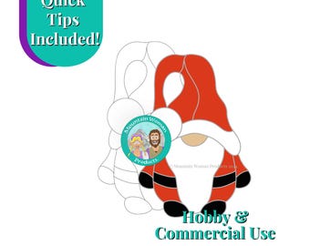 May include: A stained glass pattern of a gnome wearing a red hat and a white beard. The pattern is outlined in black and includes the text "Hobby & Commercial Use".