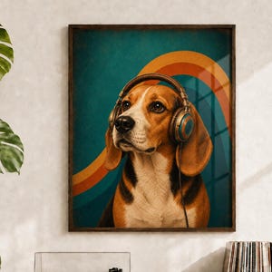 Beagle Dog Headphones Wall Art, Retro 70s Music Room Decor (Digital Download)
