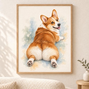 May include: A framed watercolor painting of a Pembroke Welsh Corgi lying on its stomach with its hind legs extended behind it. The dog has a tan and white coat, pointed ears, and is looking back over its shoulder with an open mouth and tongue out.