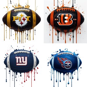 May include: Four stylized American footballs with team logos and paint splatter effects. The footballs feature the logos of the Pittsburgh Steelers, Cincinnati Bengals, New York Giants, and Tennessee Titans. Each football has a unique color scheme.