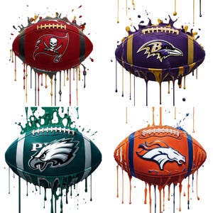 May include: Four American footballs with team logos and paint splatter effects. The footballs feature the Tampa Bay Buccaneers, Baltimore Ravens, Philadelphia Eagles, and Denver Broncos. Each ball has a unique color scheme and design.