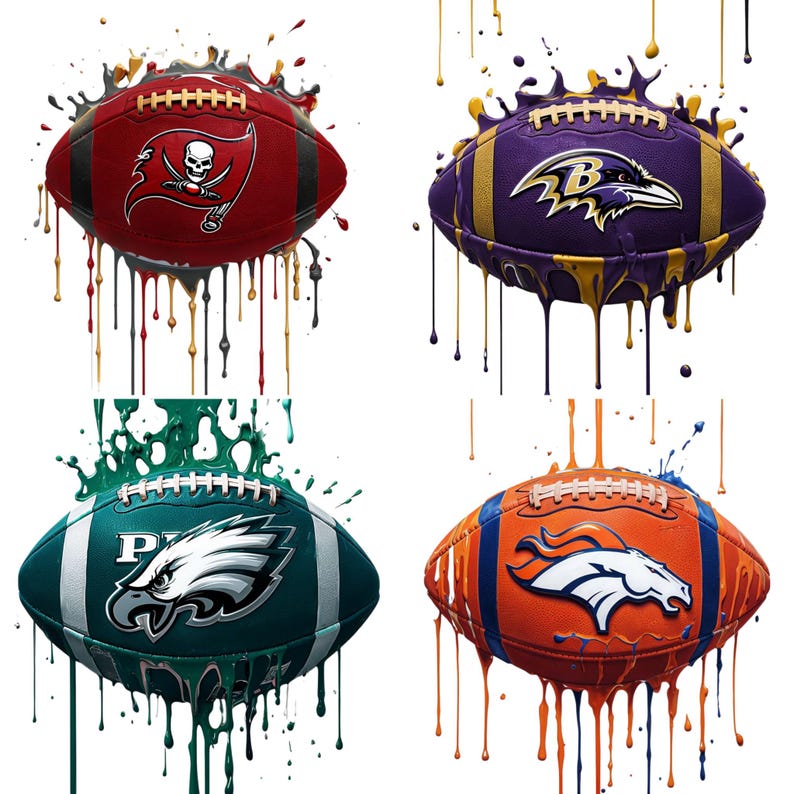 May include: Four American footballs with team logos and paint splatter effects. The footballs feature the Tampa Bay Buccaneers, Baltimore Ravens, Philadelphia Eagles, and Denver Broncos. Each ball has a unique color scheme and design.