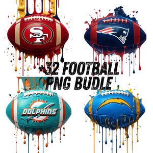 May include: Four colorful footballs with team logos, including the 49ers, Patriots, Dolphins, and Chargers, are depicted with paint drips. The image includes the text "+32 FOOTBALL PNG BUNDLE."