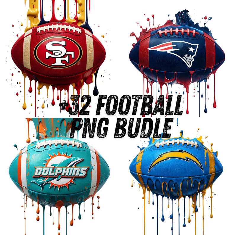 May include: Four colorful footballs with team logos, including the 49ers, Patriots, Dolphins, and Chargers, are depicted with paint drips. The image includes the text "+32 FOOTBALL PNG BUNDLE."
