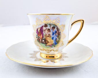 Set di 11 tazze da tè e piattini in porcellana Lusterware vintage di Rudolf Kämpf, anni '30, cecoslovacchi, dorati.