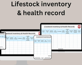 Può includere: Una visualizzazione digitale dei registri di inventario e sanitari del bestiame su computer, tablet e smartphone. Gli schermi mostrano una tabella blu e bianca con colonne per nome del prodotto, data di ricezione, quantità e altro. Il titolo "Livestock Inventory & Health Records" è visibile.