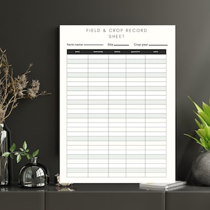 May include: A white print titled "FIELD & CROP RECORD SHEET" with black text. The sheet includes sections for farm name, site, and crop year, with columns for date, employee, crops, quantity, and notes. The print is displayed on a dark surface.
