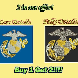 May include: Embroidered patches featuring the US Marine Corps emblem. The image shows two versions: one with less detail on a blue background and another fully detailed on a black background. Text reads "2 in one offer!" and "Buy 1 Get 2!!!!".