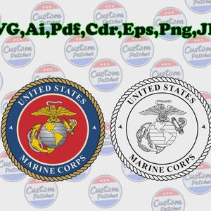 May include: Two versions of a United States Marine Corps emblem. One is in color with a red, gold, and blue design. The other is a black and white line drawing. The text "SVG, Ai, Pdf, Cdr, Eps, Png, JPG" is at the top.