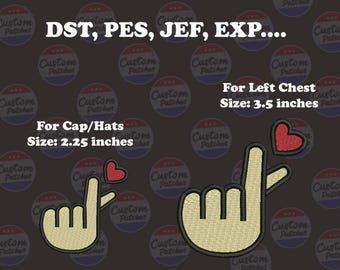 Finger Herz Stickerei Design – 2,25 ''Hutgröße & 3,5 zoll linke Brust – Maschinenstickerei Digitale Datei DST PES JEF ExP Instant Download
