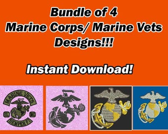 Bundle von 4 Marine Corp Stickerei Design, Marine Tierärzte Stickdatei, digitale Dateien für Maschine, USA Marine Corps, sofort Download