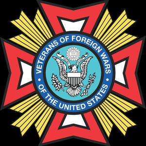 May include: A circular emblem for the Veterans of Foreign Wars of the United States. The design features a central blue circle with an eagle and text, surrounded by a red and yellow starburst design. The text reads "Veterans of Foreign Wars of the United States."