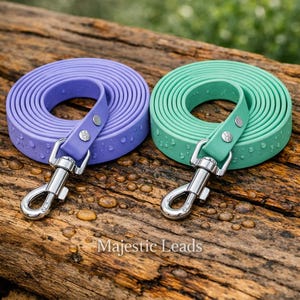 May include: Two rolled dog leashes, one lavender and one mint green, with silver-tone clasps and leather accents. The leashes are on a wooden surface with water droplets. The text "Majestic Leads" is at the bottom.