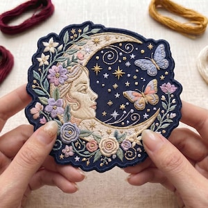 May include: A circular embroidered patch featuring a profile of a face nestled within a crescent moon against a dark blue background. The design includes intricate floral motifs, two butterflies, and gold-stitched stars, surrounded by four skeins of thread.