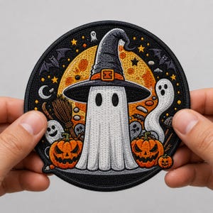 Toppa ricamata a forma di zucca fantasma di Halloween – Decorazione spettrale da applicare con ferro da stiro o cucire per giacche, borse, magliette e cappellini.