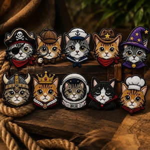 May include: A collection of ten embroidered cat patches featuring various characters including a pirate, detective, sailor, cowboy, wizard, viking, king, astronaut, vampire, and chef. Each patch displays a detailed feline face with distinct headwear.